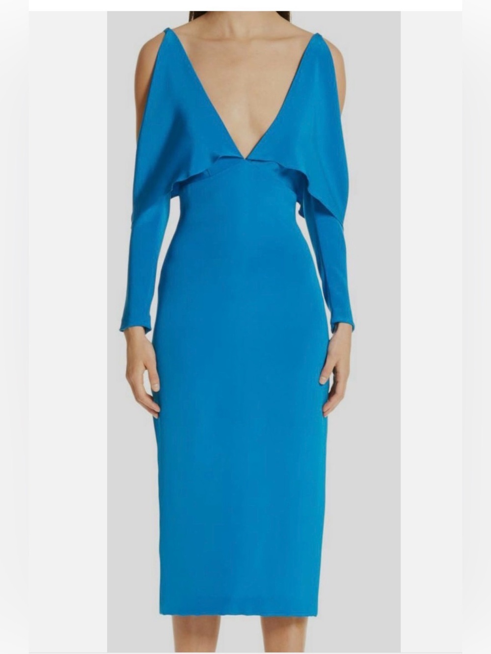 Cushnie Turquoise Blue Deep V Long Sleeve cold shoulder Midi Dress